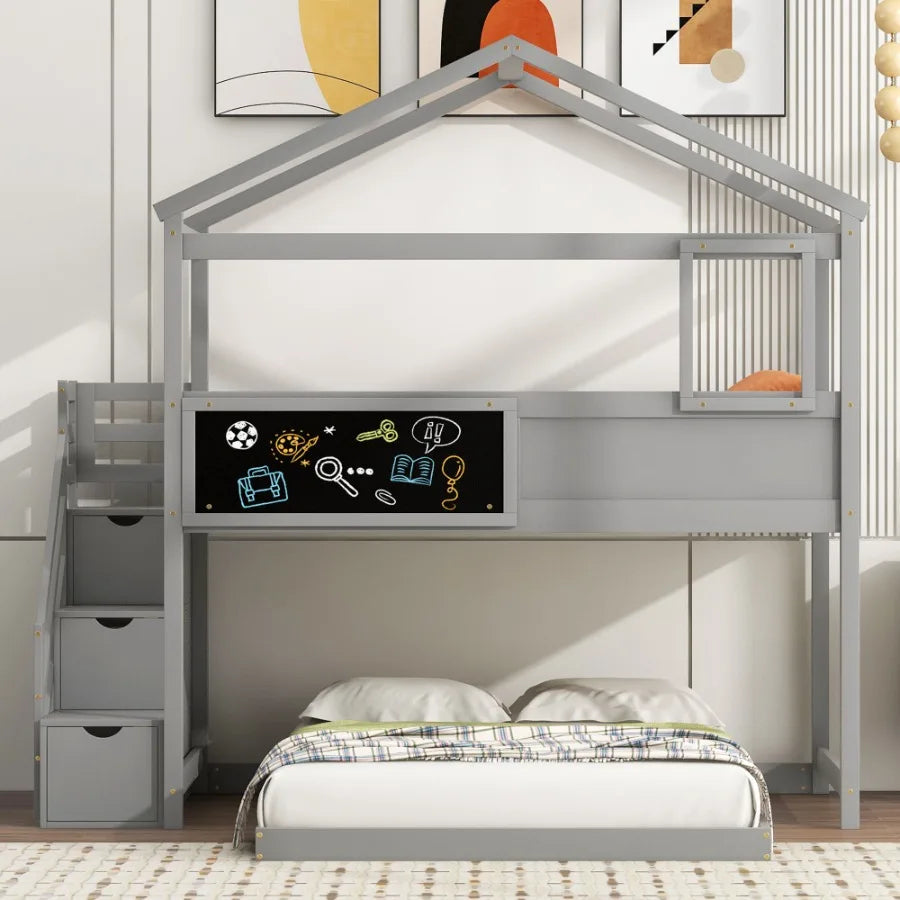 Twin over Full House Bunk Bed with Storage Staircase and Blackboard Gray Old SKU: GX001701AAE