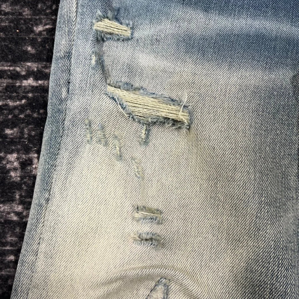 discounted men green plaid patch distressed jeans