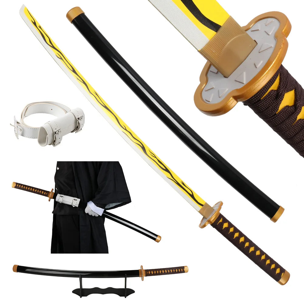 104cm Anime Slayer Katana Sword Kimetsu no Yaiba Wooden Cosplay Anime Weapons Sword Toy Katanas with Display Stand and Belt