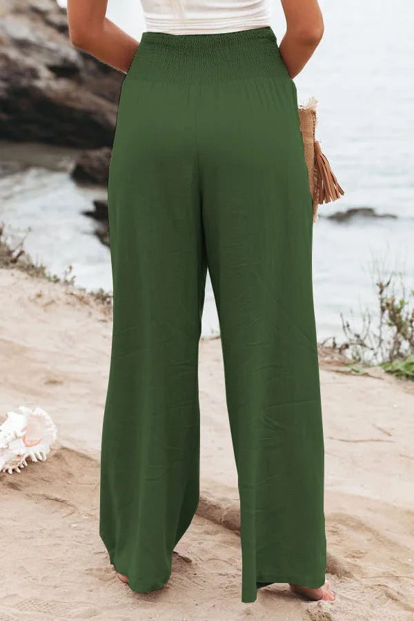 Women's casual pants with drawstring, mid waist, beach wide leg, spring and summer, European and American pants