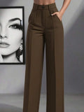 European and American cross-border spring and autumn fashion solid color casual high-waist loose work trousers with pockets