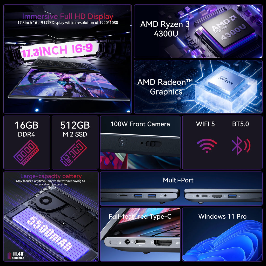 ACEMAGIC AX17Pro Laptop Computer AMD Ryzen 3 4300U Windows Laptop 17.3-in IPS 16GB DDR4 512GB NVMe SSD Numeric Keyboard