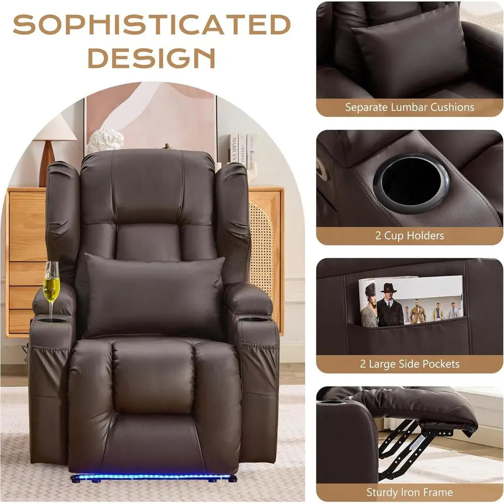Brown Leather Power Reclining Sofa with Massage, Heat, LED Lights, USB Ports, Cup Holders & Side Pockets