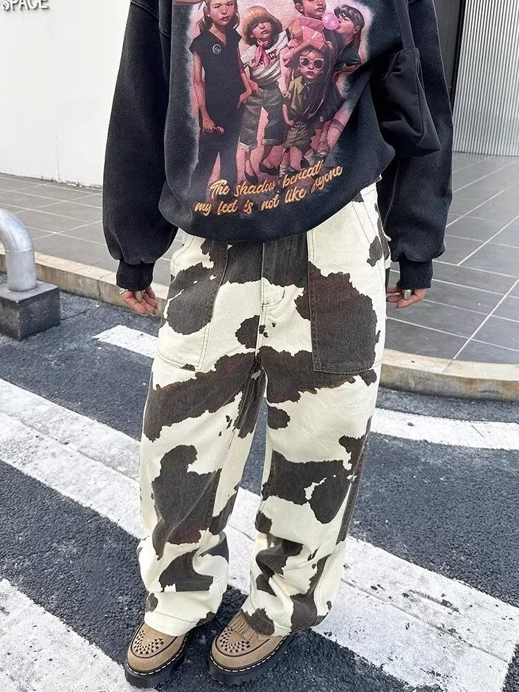 2024 Ropa Y2K Fashion Cow Pattern Baggy New Jeans Pants For Women Designer Clothes Straight Cotton Korean Casual Lady Trousers