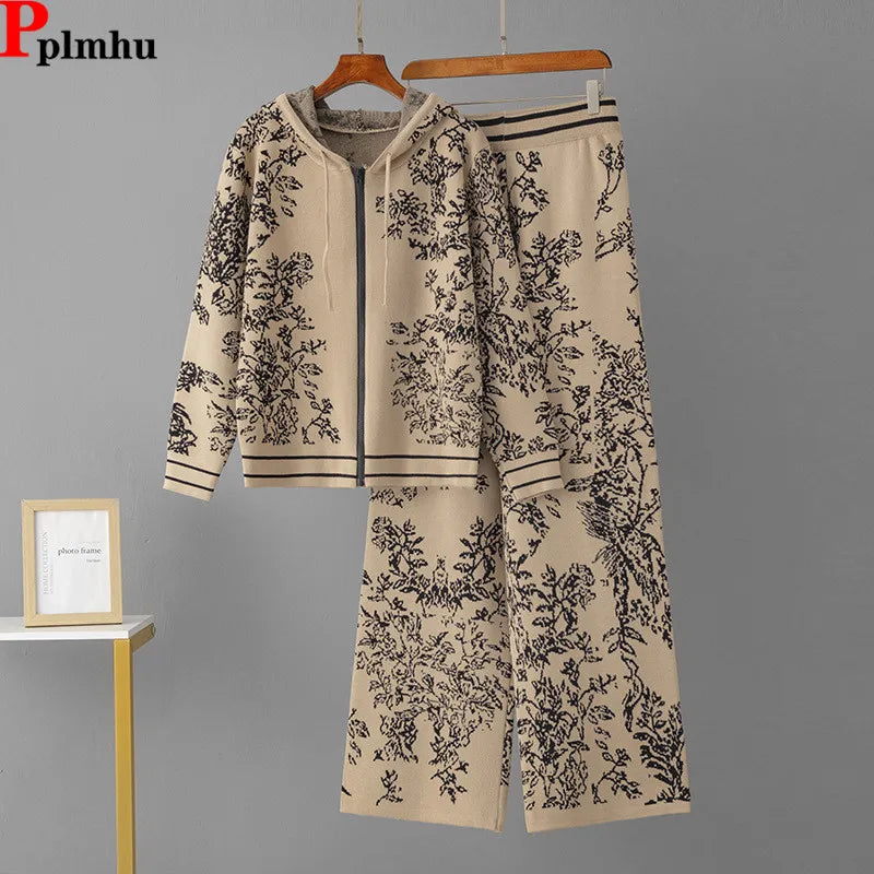 Korean Jacquard Design 2 Piece Sets Women Knitted Zipper Hooded Sweatshirt Tops Conjuntos High Waist Knitwear Sweatpants Outfit
