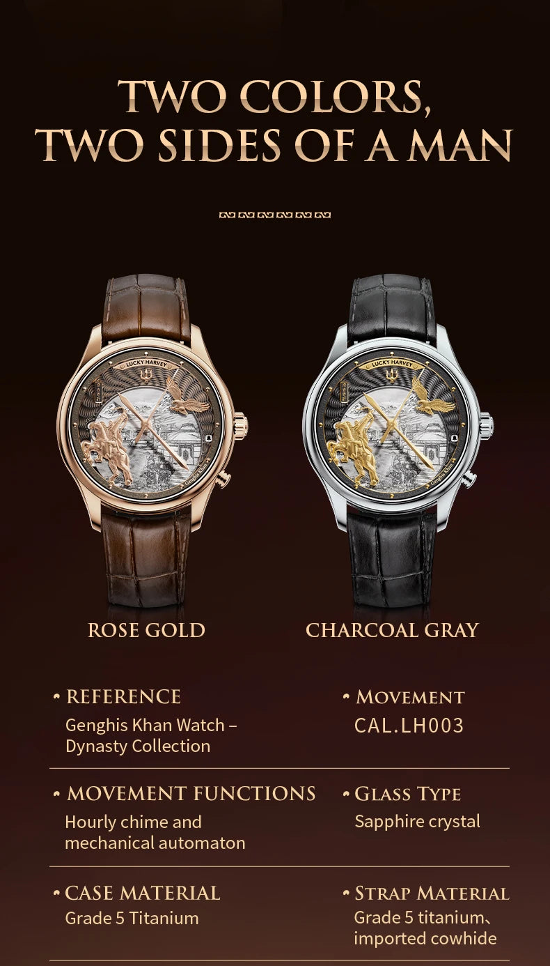 Lucky Harvey 3D Hero Genghis Khan Chiming Watches Guilloché Relief Dial Motion Movement Limited Automatic Mechanical Wristwatch
