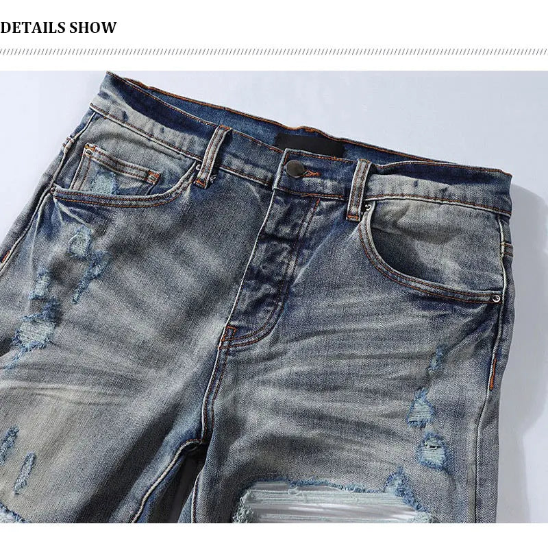 European and American designers fashion new men's jeans stretch slim fit retro light blue patchwork white patch jeans high stree