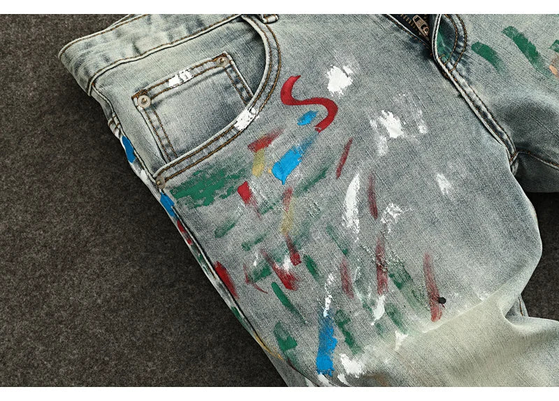High Street Fashion Men Jeans Retro Washed Blue Stretch Slim Fit Ripped Jeans Men Painted Designer Vintage Denim Pencil Pants
