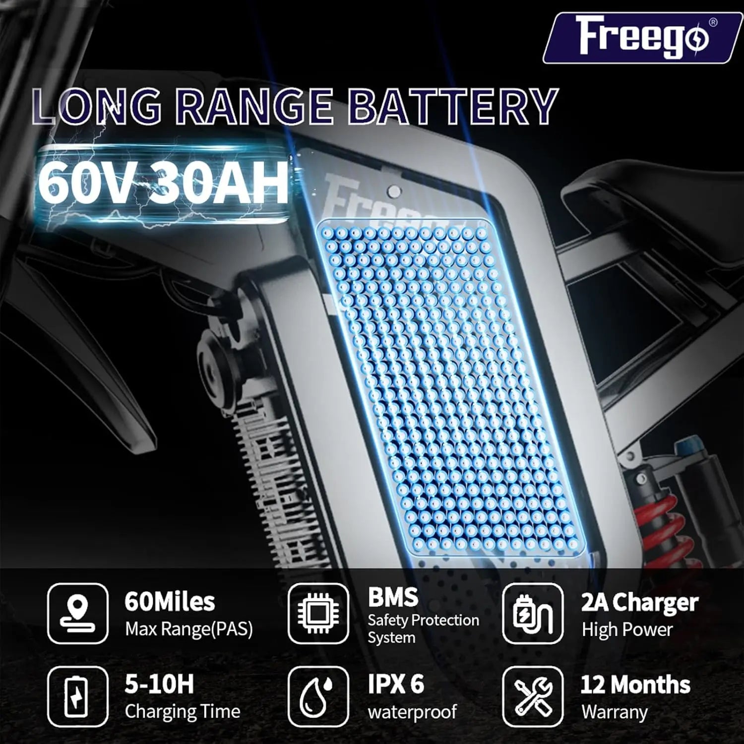Freego X2 Electric Dirt Bike 6000W Motor 60V 30Ah Removable Battery Max 50Mph E-Bike 19" x2" Tire Off-Road Motorcycle for Adults