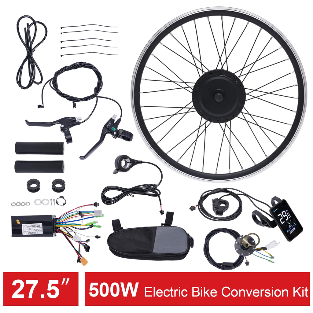 36V 500W Electric Bike Conversion Kit with LCD Display PAS Brake Levers Complete E-Bike Kit for 27.5"/700C Front Wheel