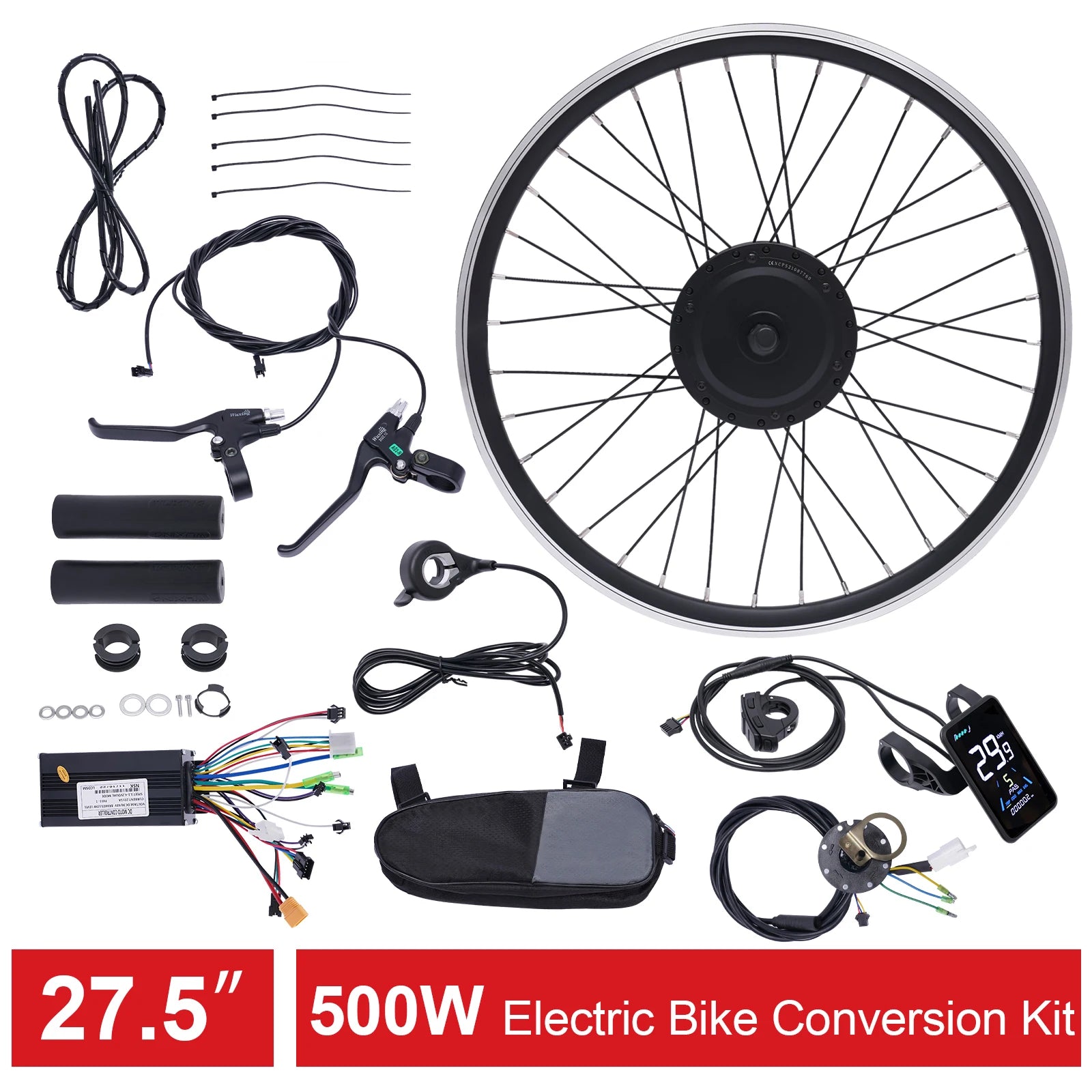 36V 500W Electric Bike Conversion Kit with LCD Display PAS Brake Levers Complete E-Bike Kit for 27.5"/700C Front Wheel