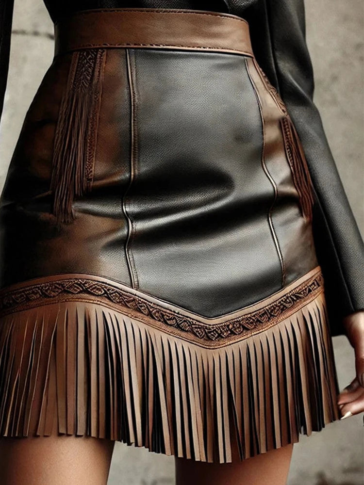 Vintage Western Fringe Hem Mini Skirt Fashion Women's Skirt  PU Leather Slim Fit High Waist Skirt Streetwear Short Skirts