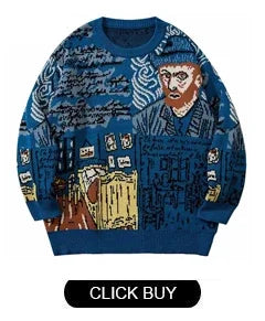 Japanese Knitted Sweater Men Cartoon Animal Duck Goose Print Pullover Harajuku Casual O-neck Oversize Top Streetwear Unisex Fall