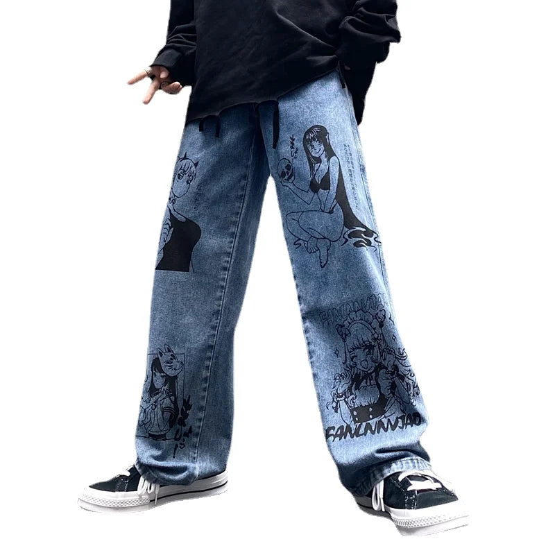 Washed Jeans Retro Harajuku Anime Cartoon Print Men Baggy Jeans Streetwear Hip Hop Tide Denim Pants Fashion Loose Wide Leg Pants