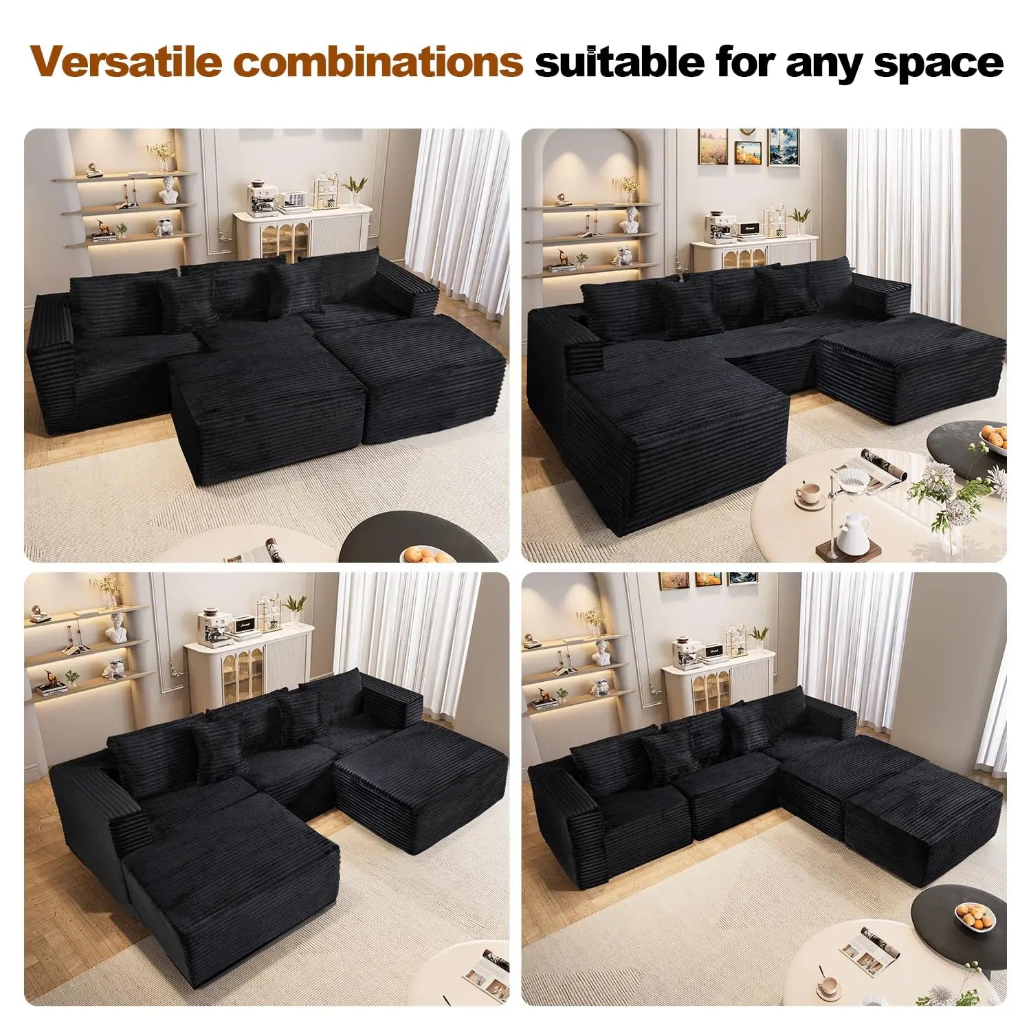 110" Modular Sectional Couch with 2 Movable Ottoman,3-Seater Boneless Cloud Sofa Couches for Living Room, U Shaped, Customized