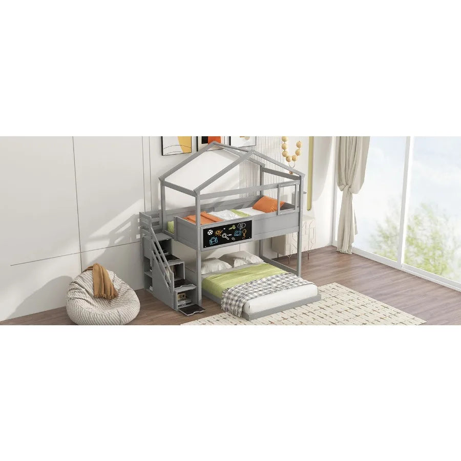 Twin over Full House Bunk Bed with Storage Staircase and Blackboard Gray Old SKU: GX001701AAE