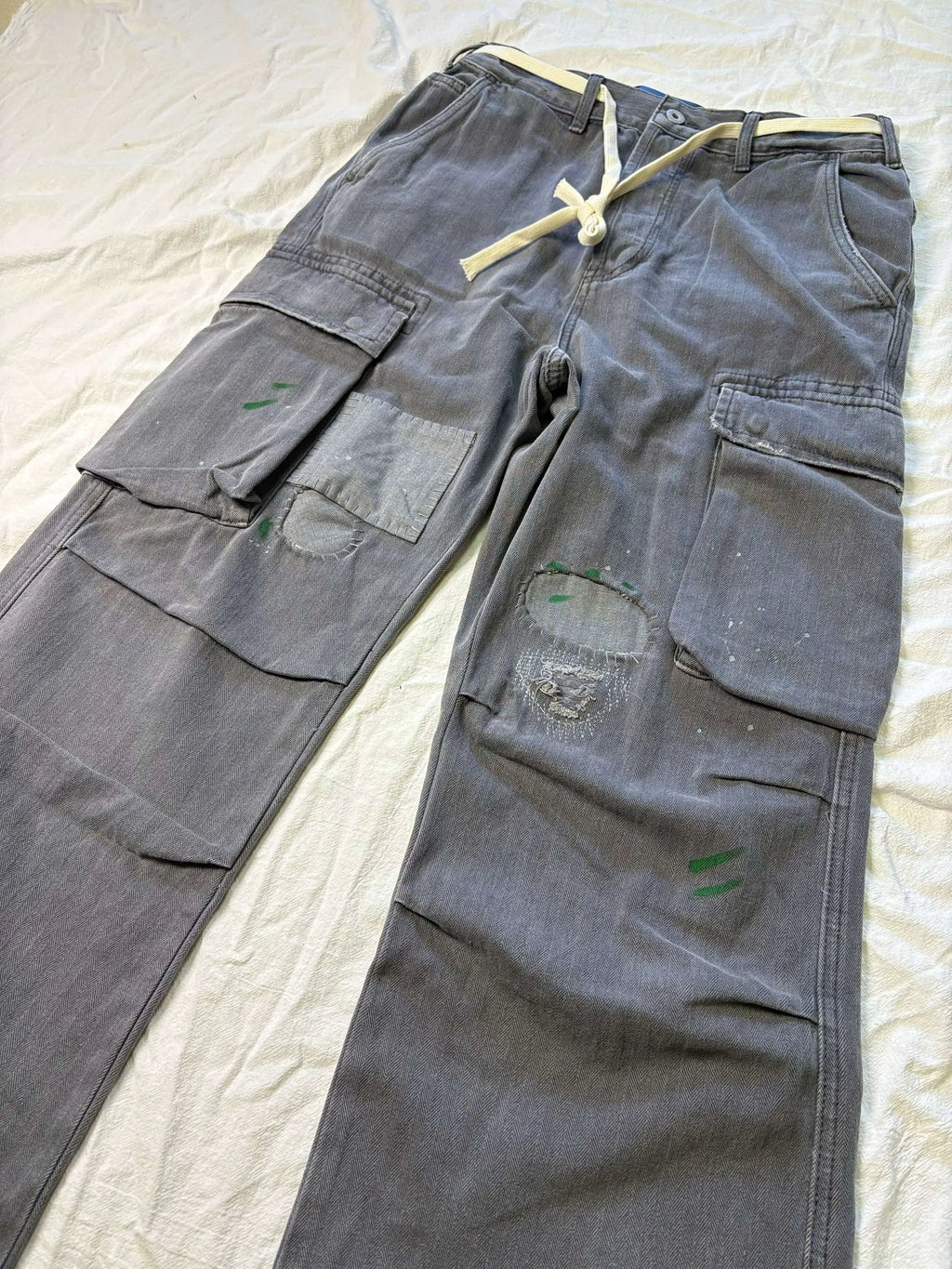 No faith studios herringbone twill grey ripped patch paint multi-pocket overalls