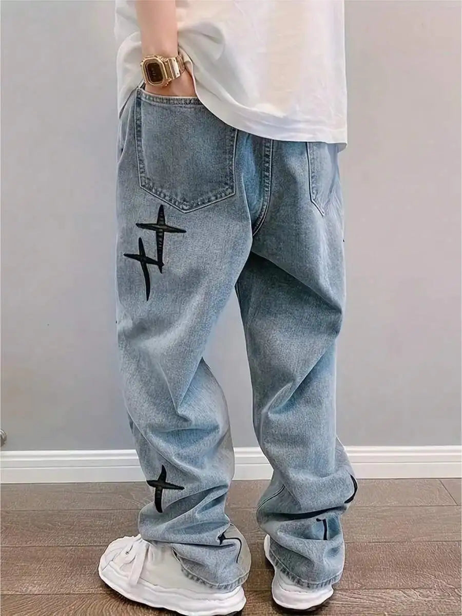 Mens Loose Straight Fit Cross Print Casual Denim Jeans