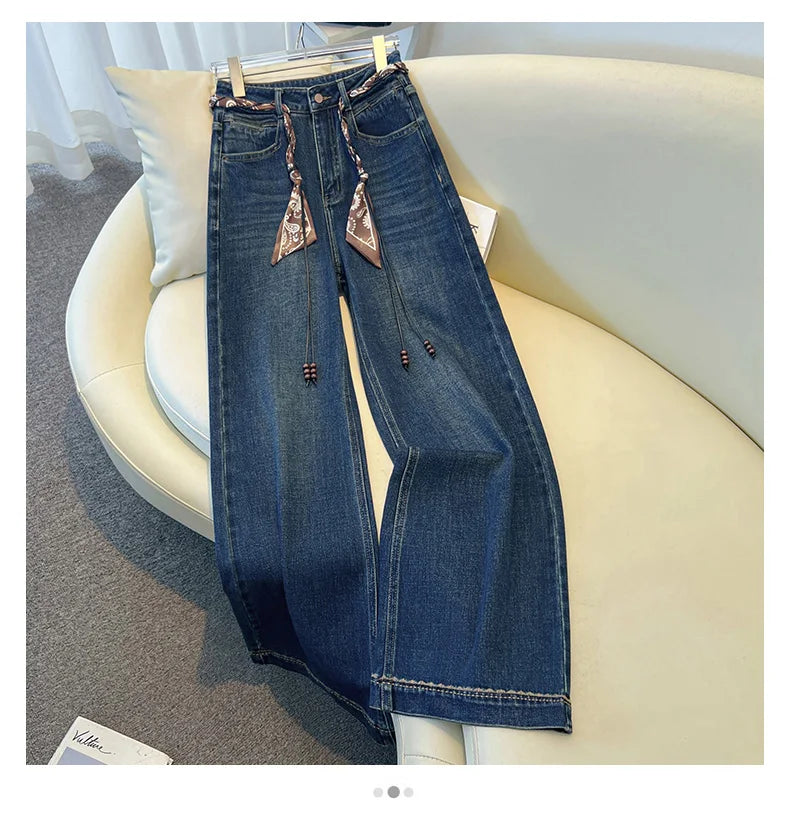 2025 Autumn New Denim Blue Wide Leg Women's Jeans Super Popular Pants with Silk Scarf Belt Fashion Straight Trousers