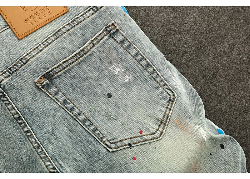 High Street Fashion Men Jeans Retro Washed Blue Stretch Slim Fit Ripped Jeans Men Painted Designer Vintage Denim Pencil Pants