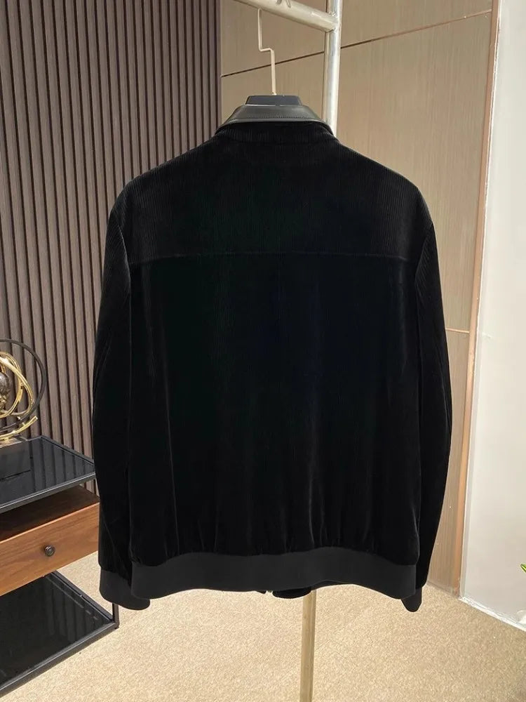 Design Business Mens Velvet Jacket Zipper Spliced Genuine Leather Casual Outerwear Loose Fit Long Sleeve Spring Autumn Men Coats