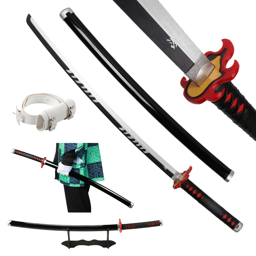 104cm Anime Slayer Katana Sword Kimetsu no Yaiba Wooden Cosplay Anime Weapons Sword Toy Katanas with Display Stand and Belt