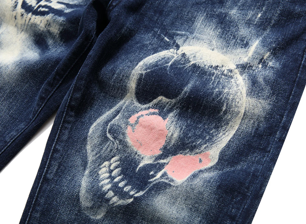 2026 Men's Blue 3D Printing Jeans, Black Wolf Pattern Printed Punk Straight Cotton Casual Print Denim Pants Asian Size 28-42
