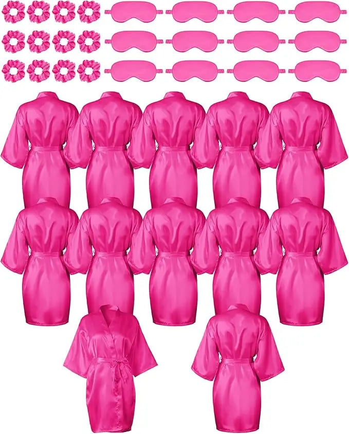 12 Pack Satin Women Robes Kimono Robe Bulk with Sleeping Mask and Hair Tie Sets Silky Bathrobes for Birthday Wedding Party