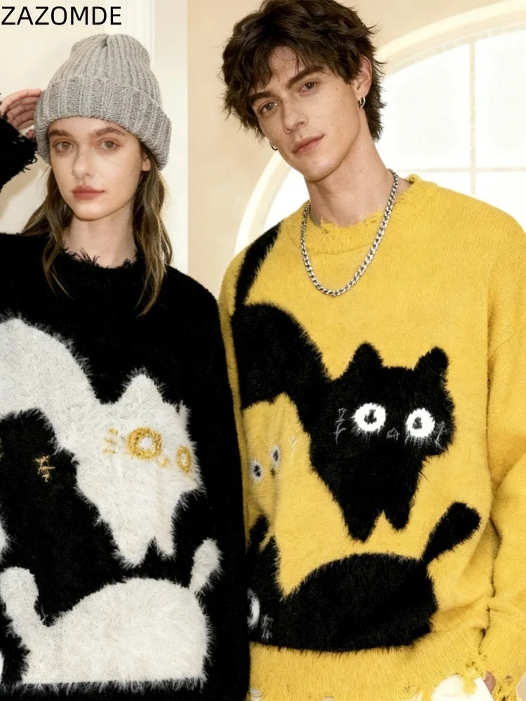 ZAZOMDE Vintage Hip Hop Yellow Sweater Cartoon Kitten Graphic Street Style Pullover Warm Retro Fashion Knit Top Men And Women