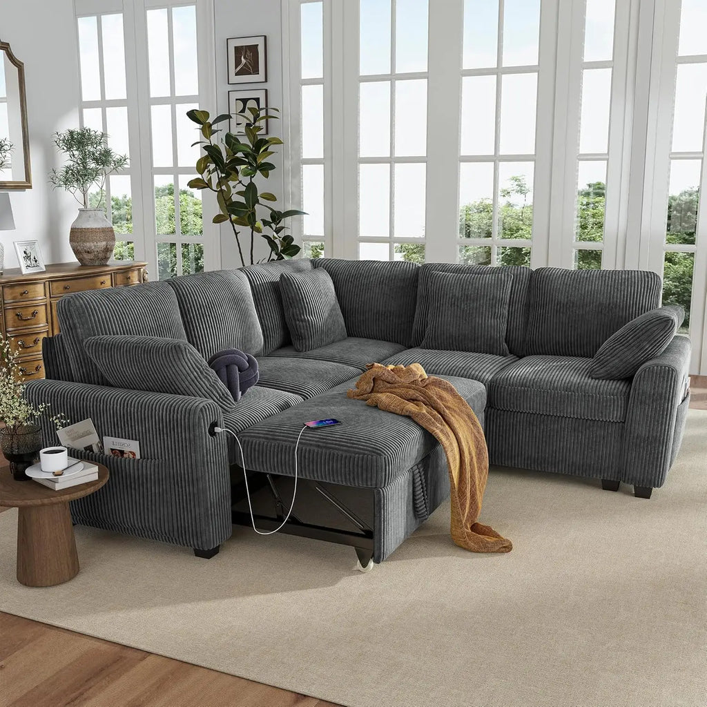 L Shaped Sectional Sleeper Sofa with Pull Out Bed Storage USB Charging Living Room Apartment, Custom