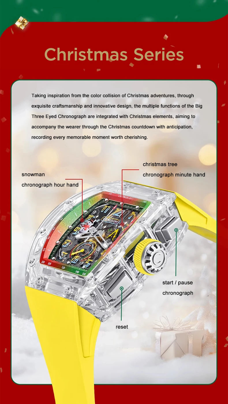 CRONUSART Men Chronograph Watch Tonneau Mechanical Wristwatch Sapphire Case Luminous Fluororubber Strap Christmas Limied Edition