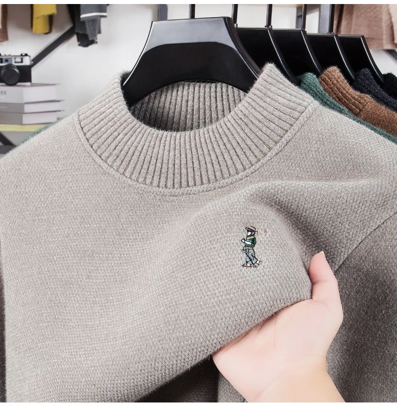 Luxury brand men's round neck knitted sweater fashion cartoon embroidery comfort warm plush autumn winter casual golf pullover