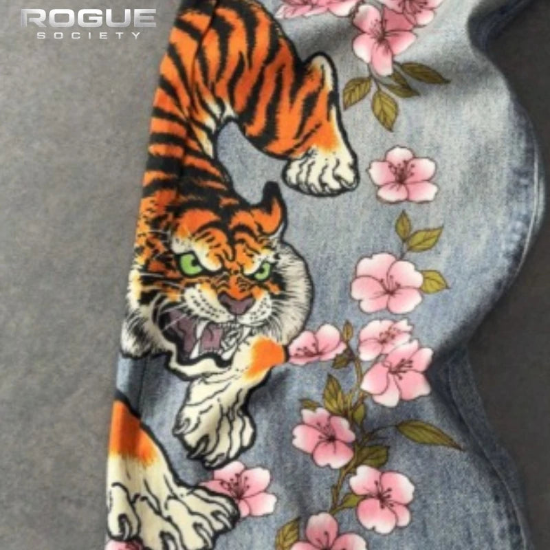 Japanese Tiger Sakura Men Jeans Summer Y2K Wide Leg Denim Pants Streetwear Hip Hop Retro Harajuku Loose Vintage Trousers Unisex