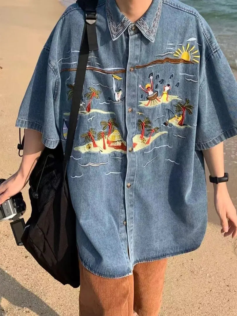 Retro American Cartoon Embroidery Denim Short Sleeve Shirt Loose Casual Summer Thin Neutral Style Men Women Outerwear