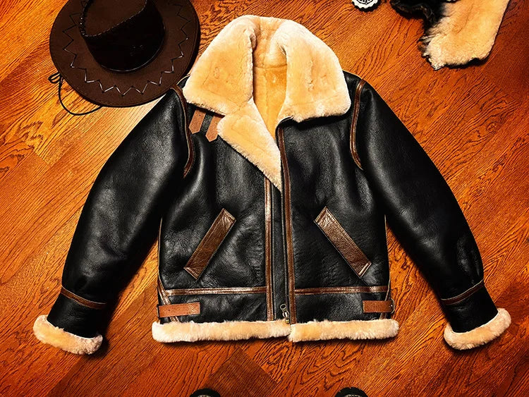 Sheepskin Suit Men's Lambskin Genuine Leather Overcoat Motorcycle Short Leather Fur Coat