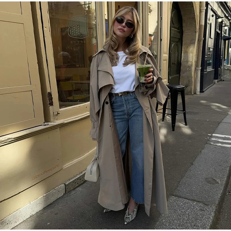Solid Lace Up Long Trench Coat Women Fashion Full Sleeve Lapel Single Breasted Loose Outerwear 2026 Lady Spring High Street Coat