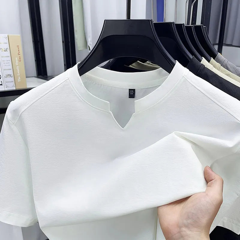Korean Men's Short Sleeve V-Neck T-Shirt Solid Color Casual Fashion Comfortable Summer Versatile Solid Top