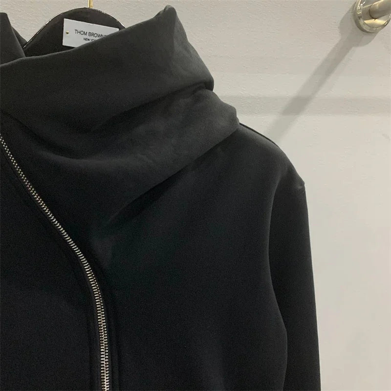 Autumn Zipper Design Black Hoodies Men's Women's Sportswear Jacket American Rock Hip Hop Street Wear Elastic Knitted Coats
