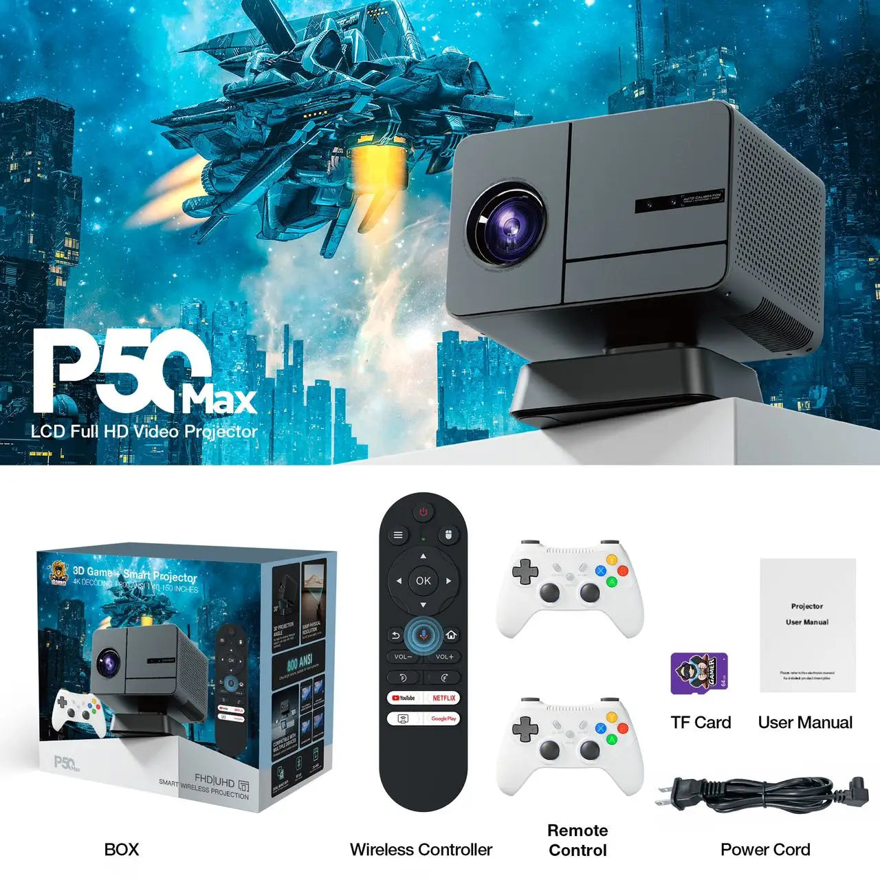P50Max Gamepad Mini Projector H713 1080P 2+16GB 450 Lumens Smart TV Android 11 Wifi Portable Home Theater LED Games Projectors