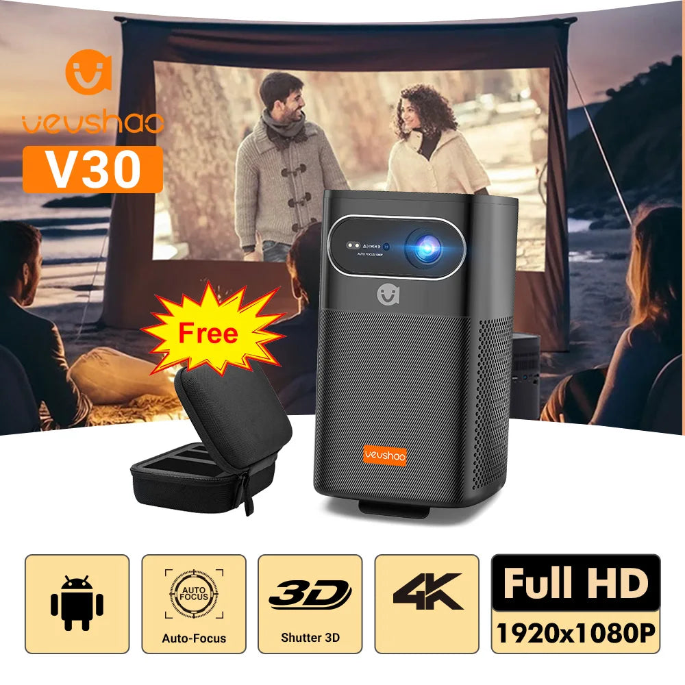 Vevshao V30 3D 4K Mini Projector Cinema Smart Android WiFi Portable 1080P Home Theater Video LED DLP Projector with Battery