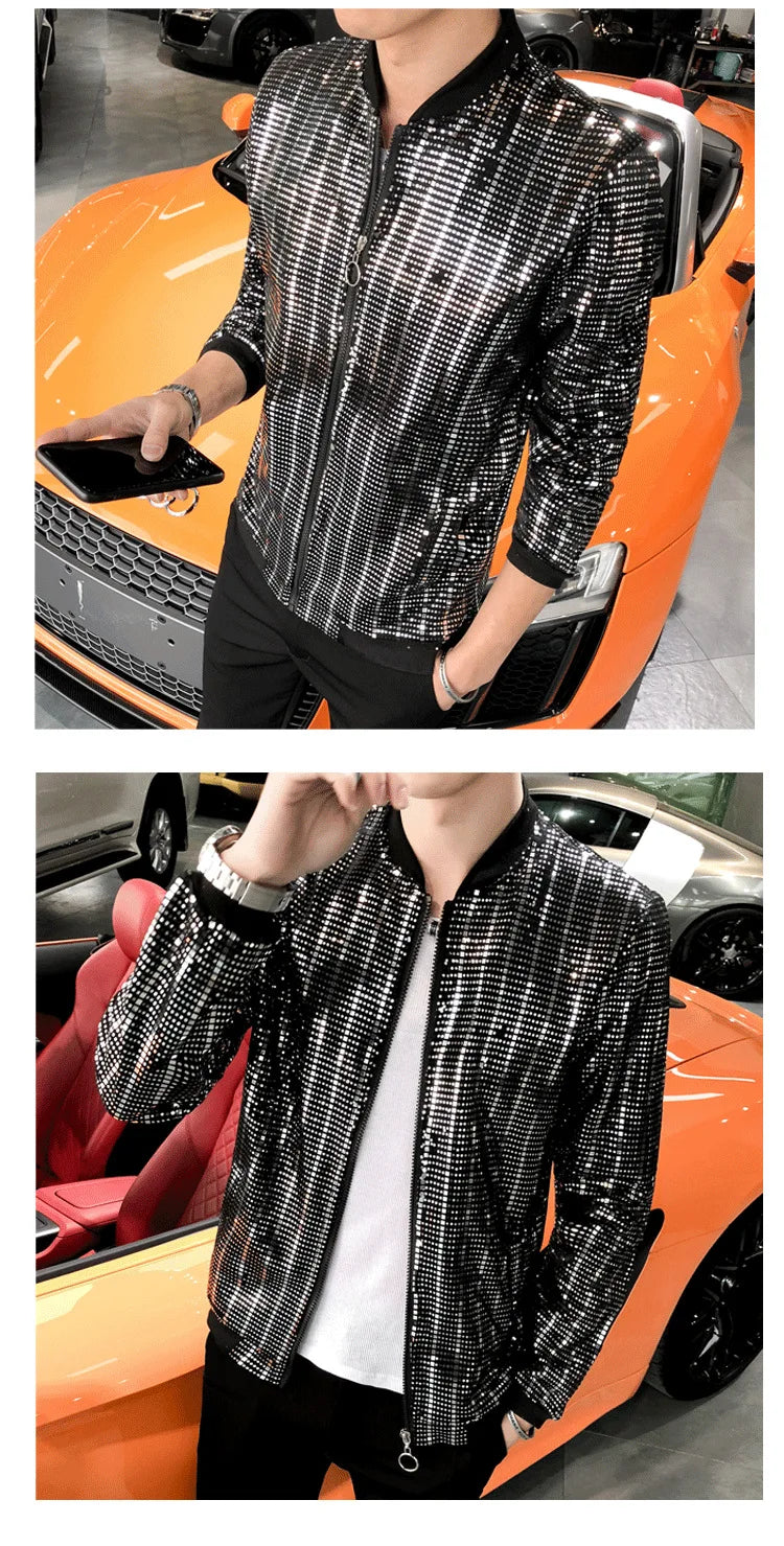 Y2K Men's Streetwear Night Club Stage Thin Motorcycle Jackets Fashion Men Hip Hop Sequined Bombers Jacket Coat Fashion Clothing