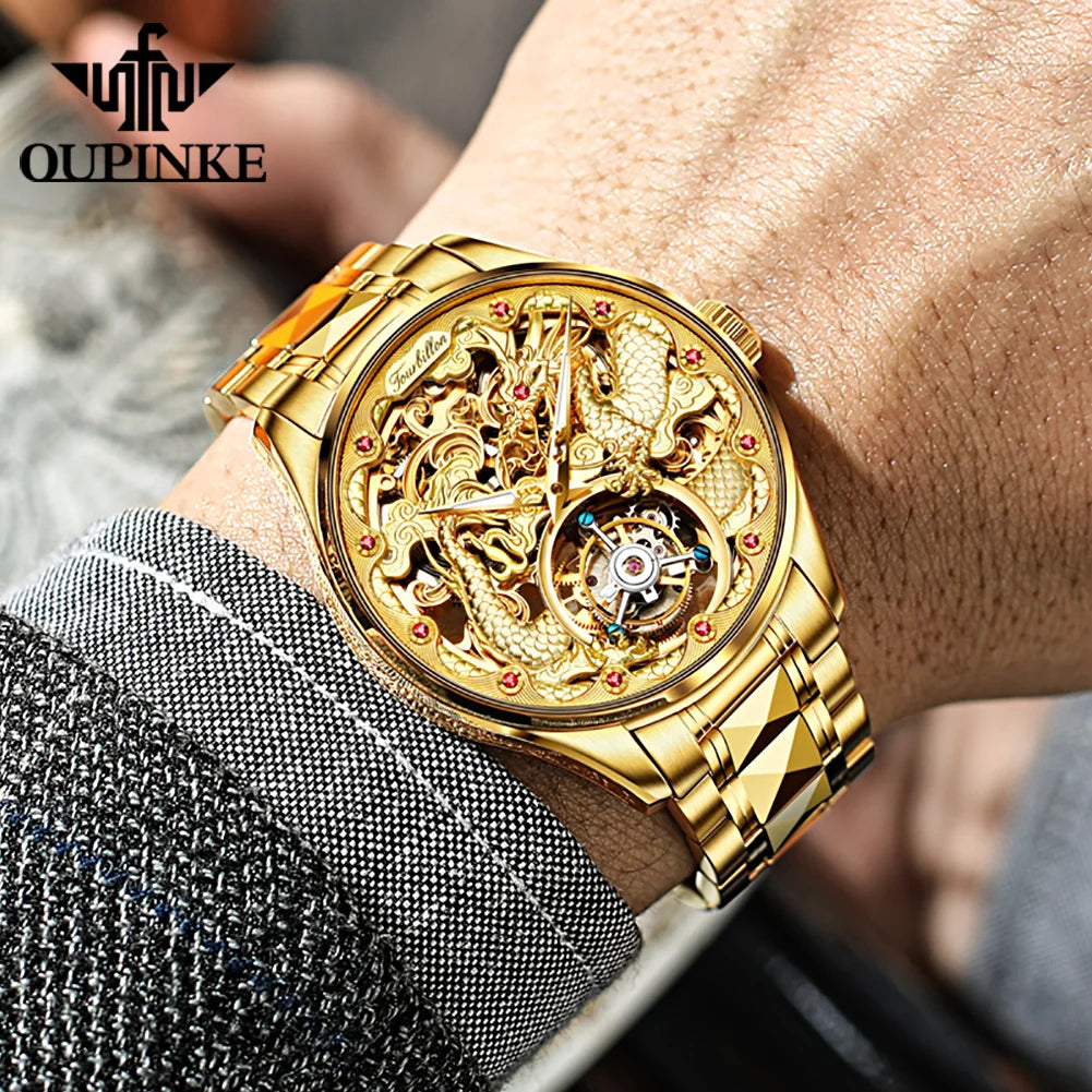 100% Golden Dragon OUPINKE 3176 True Tourbillon Watch Brand Luxury Tungsten Steel Men Automatic Mechanical Watch Reloj Hombre