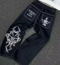 Gothic Japanese Retro Washed Anime Jeans Y2K Clothes Mens Anime Cartoon Character Pattern Baggy Jeans Mid Rise Wide Leg Trousers