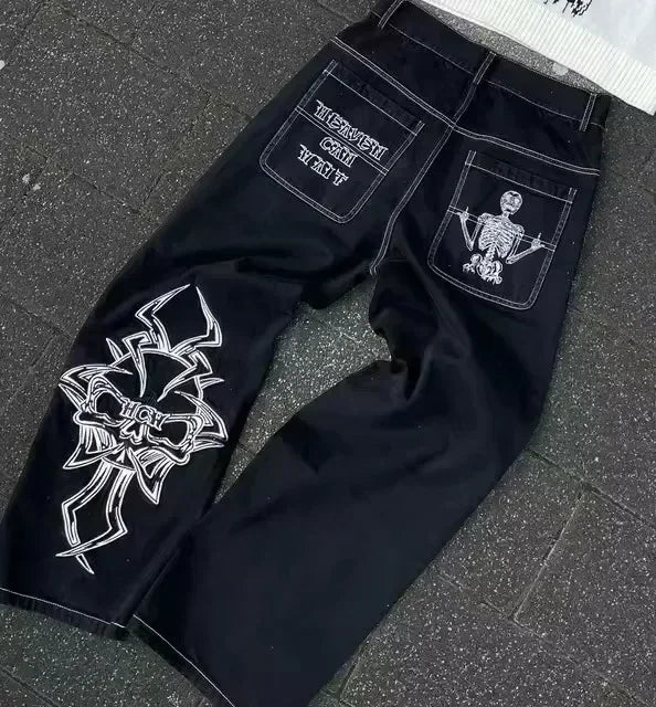 Gothic Japanese Retro Washed Anime Jeans Y2K Clothes Mens Anime Cartoon Character Pattern Baggy Jeans Mid Rise Wide Leg Trousers