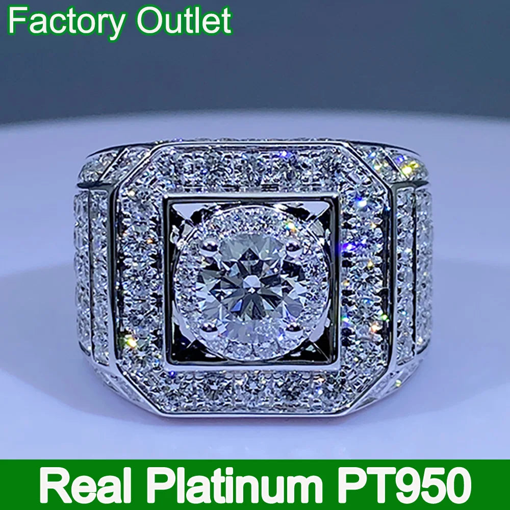 Custom Real Platinum PT950 Ring Men Engagement Anniversary Party Wedding Ring Round Moissanite Diamond Luxury 1 2 3 4 5 Carat