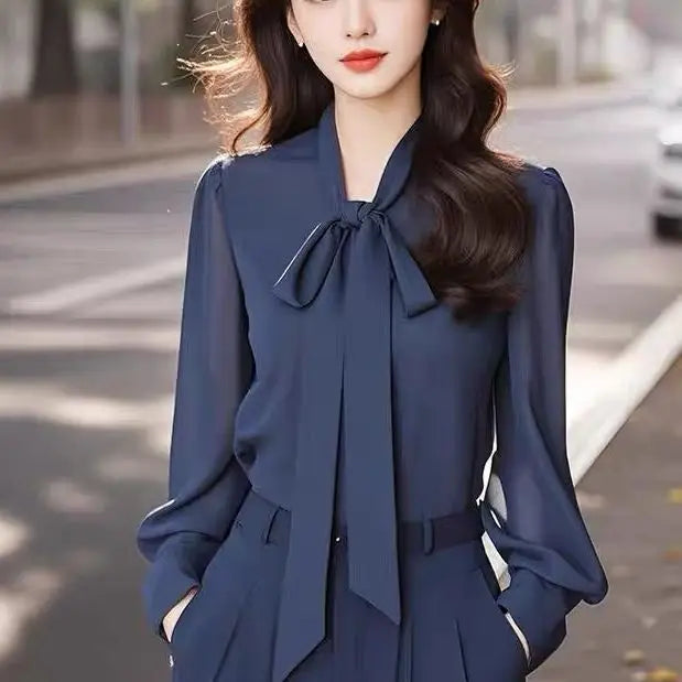 Temperament Bow Lacing Loose Blouse Women Clothing Spring New Thin Long Sleeve Solid Elegant Shirt Tops Fashion Vintage Trend