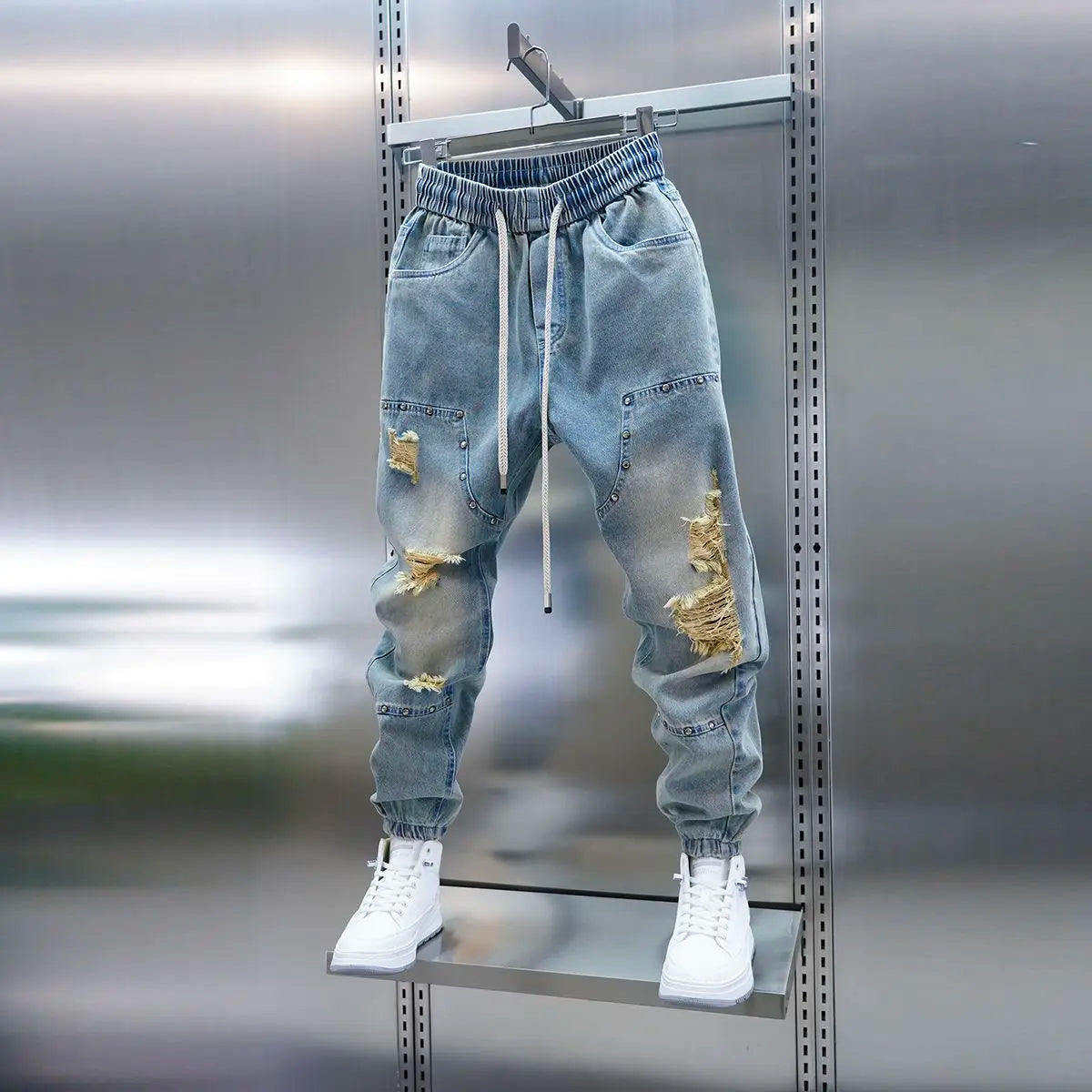 Men's distressed ripped drawstring and cuffed jeans with rivet embellishments high-street slim-fit trousers brand men clothing