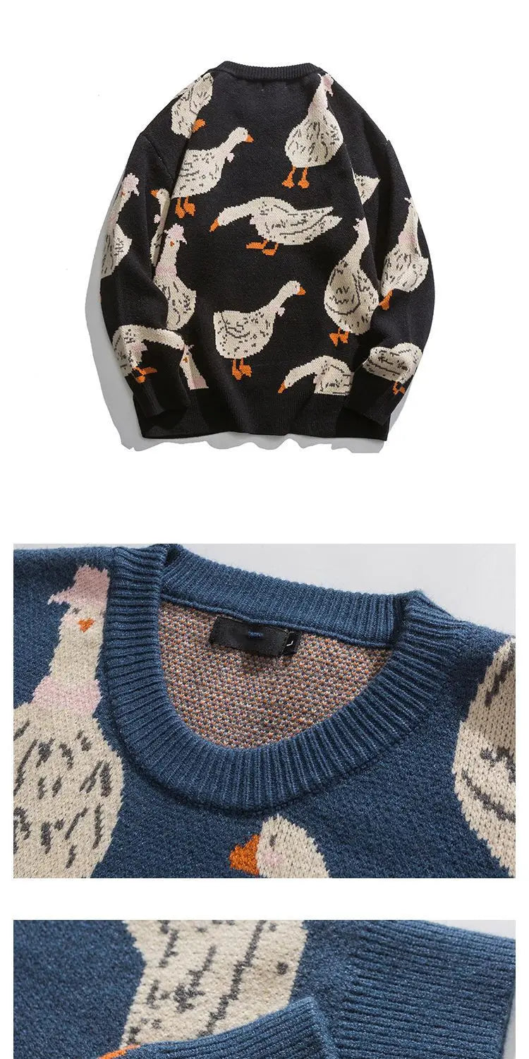 Chic Cartoon Animal Duck Goose Print Knitted Sweater Men Pullover Harajuku Casual O-Neck Oversize Streetwear Fall Winter Top