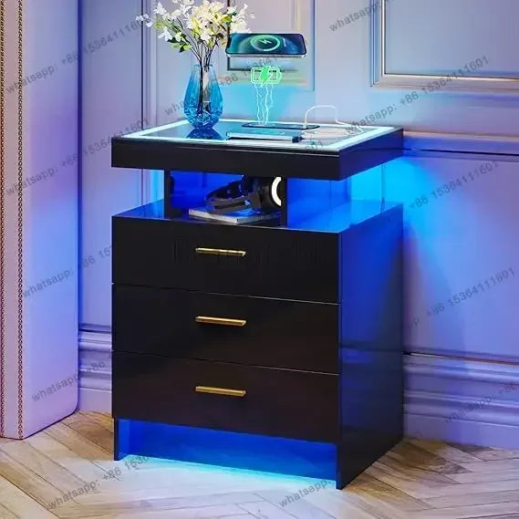 D06Modern Bedside Table 2 Set Nightstands with Wireless Charging Station, Auto Sensor 3 Color Dimmable LED Night Stand