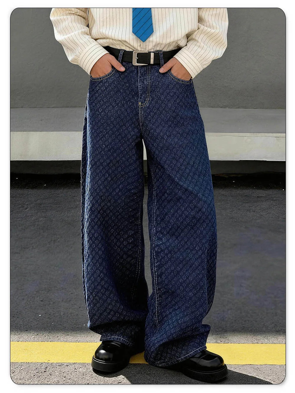 LIYS Trendy Japanese-Korean Jacquard Blue Baggy Straight Leg Jeans American Retro Daily Casual  Wide-leg Denim Pants Unisex